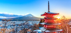 Landmark of japan Chureito red Pagoda and Mt. Fuji in Fujiyoshida, Japan