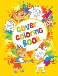Coloring book cover concept art. Black and white children paint each other with paint in different colors. Boy paints girl with big magic brush. Funny cartoon characters. Colorful vector illustration