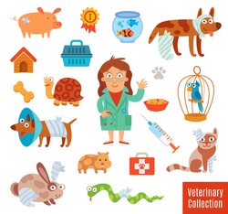 Veterinary Clinic. Pet Vet. Set of medical tools and healthcare equipment. Funny cartoon character. Isolated on white background. Vector illustration. Flat icons. Modern design style symbol collection