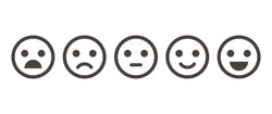 Iconic illustration of satisfaction level. Range to assess the emotions of your content. Feedback in form of emotions. User experience. Customer feedback. Excellent, good, normal, bad, awful.