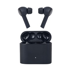 Wireless headphones on a white background. Headset close up in the charging case.