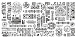 Black and white African art decoration tribal geometric shapes set. Pen and ink drawing of ancient ethnic traditional symbols and ornate signs. Hand-drawn oriental elements in doodle style.