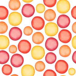 Round watercolor stains seamless pattern with yellow, red and orange dots