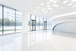 futuristic modern office building interior in urban city 