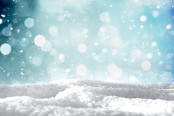 SNOW AND BOKEH LIGHTS BACKGROUND, WHITE COLD BLUE WINTER LANDSCAPE WITH ICE AND FALLING SNOW FLAKES, CHRISTMAS BACKDROP FOR MONTAGE
