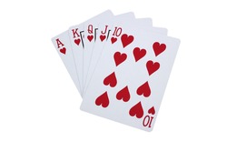 A Royal Flush Hand in Hearts Isolated on White