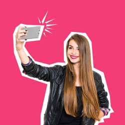 Beautiful teenage girl in black leather jacket, with long blonde hair, smiling, posing, taking a selfie on smartphone. Concept minimalist design cut out photo, square format, retouched, vibrant colors