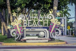 Miami Beach welcome sign with christmas decoration, Florida