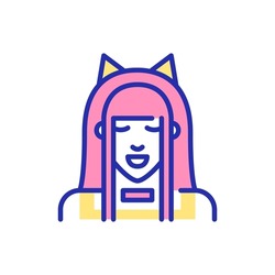 Cute anime cosplay girl with long hair wearing cat ears. Pixel perfect, editable stroke fun color icon