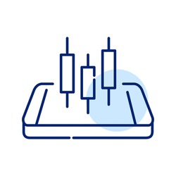 Stock trading mobile phone app. Candlestick chart on an isometric smartphone. Pixel perfect, editable stroke line art icon