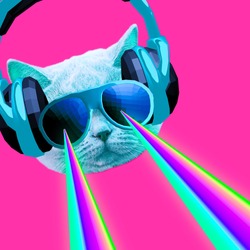 Party dj Cat with rainbow lasers from eyes. Minimal collage clubbing art