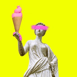 Contemporary art collage. Sculpture renaissance Woman and big Ice cream