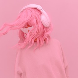 Vanilla Pink Dj Girl. Monochrome Party style. Pink aesthetic. Stylish headphones, music lover concept