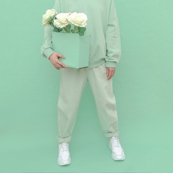 Fashion Mint casual outfit. Minimal aesthetic monochrome design. Aqua menthe color trend