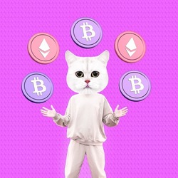 Contemporary minimal collage art. Funny Kitty character trader. Digital currency concept. Crypto money. Crypto wallets
