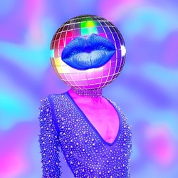 Contemporary minimal pop surrealism collage  art. Disco Party Retro Lady