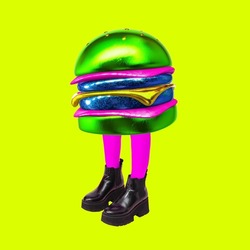Contemporary digital collage art.  Burgers funny Character. Fast food lover concept