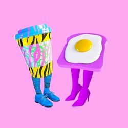 Contemporary digital collage art. Funny Lady Eggs and coffee man characters. Break, office life,creative breakfast concept