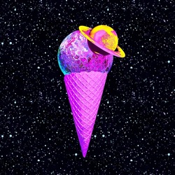 Contemporary minimal collage art. Saturn Ice Cream in cosmic space. Pop zine culture