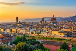 Sunset view of Florence, Palazzo Vecchio and Florence Duomo, Italy. Architecture and landmark of Florence. Cityscape of Florence