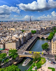 Skyline of Paris with Eiffel Tower and Seine river in Paris, France. Architecture and landmarks of Paris. Postcard of Paris