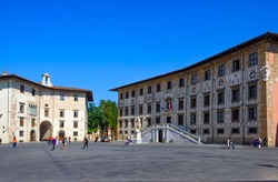 Piazza dei Cavalieri, Palazzo della Carovana, Palazzo dell'Orologio in Pisa, Italy. Architecture and landmark of Pisa. Cityscape of Pisa
