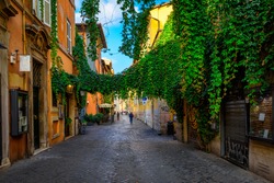 Old street at in Trastevere, Rome, Italy. Trastevere is rione of Rome, on the west bank of the Tiber in Rome, Lazio, Italy.  Architecture and landmark of Rome. Cozy street of Rome.
