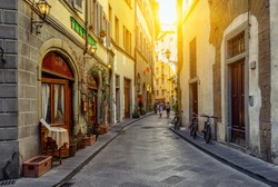 Narrow street in Florence, Tuscany, Italy. Architecture and landmark of Florence. Cozy Florence cityscape