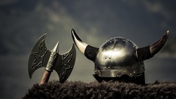 Viking helmet with axe on fjord shore in Norway. Tourism and traveling concept