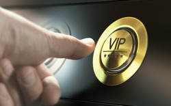 Man with private access to VIP services pressing a button to ask a concierge. Composite image between a hand photography and a 3D background.