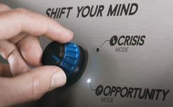 Man turning a knob to turn crisis into an opportunity. Composite image between a hand photography and a 3D background.