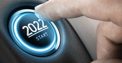 Finger about to press a car ignition button with the text 2022 start. Year two thousand and twenty two concept. Composite image between a hand photography and a 3D background.