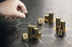 Human hand stacking coins over black background with hexagonal golden shapes. Concept of angel investor and investing in startup companies. Composite image between a hand photography and a 3D backgrou