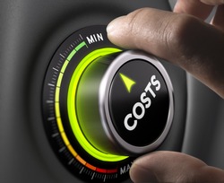 Man fingers setting cost button on minimum position. Concept image for illustration of cost management.