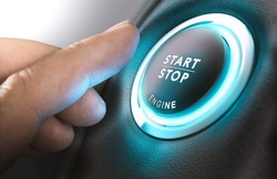 Car start stop system with finger pressing the button, horizontal image