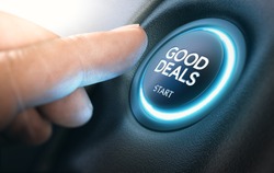 Finger pressing a car start button with the text good deals. Concept of automotive offers and discounts. Composite between a photography and a 3D background. Horizontal image
