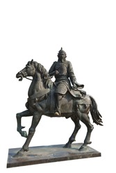 Chinese warrior on horse back, isolated on the white background.