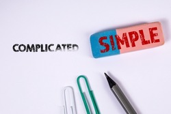 Complicated and Simple concept. Eraser and office supplies on a white background.