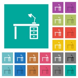 Desk with lamp multi colored flat icons on plain square backgrounds. Included white and darker icon variations for hover or active effects.