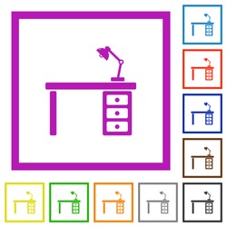 Desk with lamp flat color icons in square frames on white background