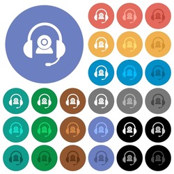 Video assistance solid multi colored flat icons on round backgrounds. Included white, light and dark icon variations for hover and active status effects, and bonus shades.