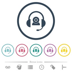 Video assistance solid flat color icons in round outlines. 6 bonus icons included.