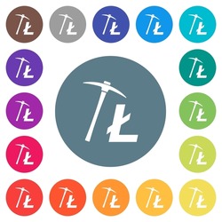 Litecoin cryptocurrency mining flat white icons on round color backgrounds. 17 background color variations are included.