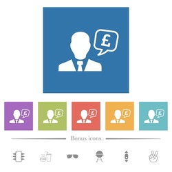 English Pound financial advisor flat white icons in square backgrounds. 6 bonus icons included.