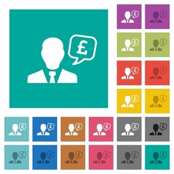 English Pound financial advisor multi colored flat icons on plain square backgrounds. Included white and darker icon variations for hover or active effects.