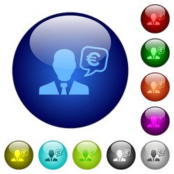 European Euro financial advisor icons on round glass buttons in multiple colors. Arranged layer structure