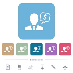 Dollar financial advisor white flat icons on color rounded square backgrounds. 6 bonus icons included