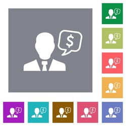 Dollar financial advisor flat icons on simple color square backgrounds