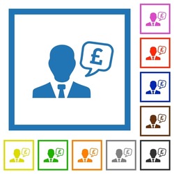 English Pound financial advisor flat color icons in square frames on white background