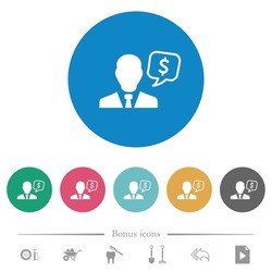 Dollar financial advisor flat white icons on round color backgrounds. 6 bonus icons included.